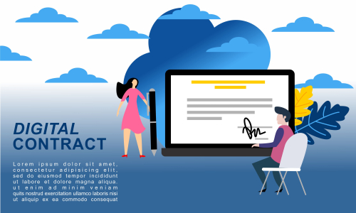 Landing page contract digital internet, business agreement. Legal arrangement. Employee hiring illustration 