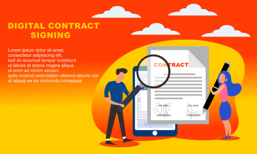 Landing page contract digital internet, business agreement. Legal arrangement. Employee hiring illustration 