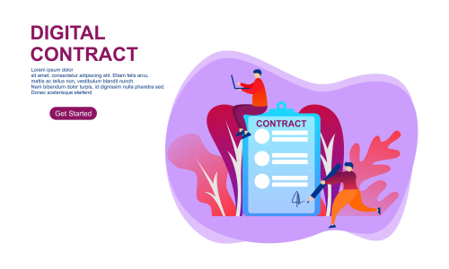 Landing page contract digital internet, business agreement. Legal arrangement. Employee hiring illustration 
