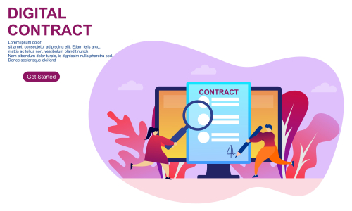 Landing page contract digital internet, business agreement. Legal arrangement. Employee hiring illustration 