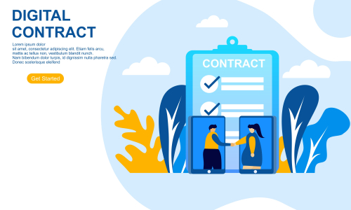 Landing page contract digital internet, business agreement. Legal arrangement. Employee hiring illustration 