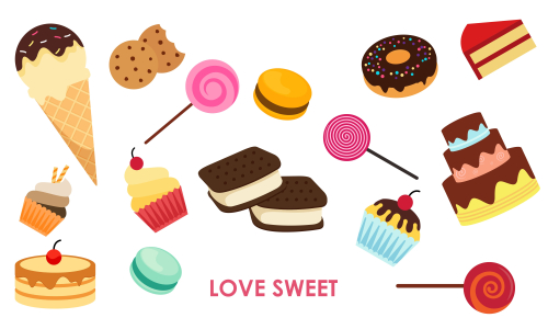 Set of isolated sweets, biscuit, cake, chocolate, ice cream logo vector