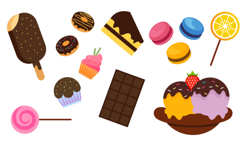 Set of isolated sweets, biscuit, cake, chocolate, ice cream logo vector