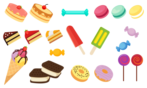Set of isolated sweets, biscuit, cake, chocolate, ice cream logo vector