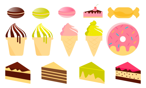 Set of isolated sweets, biscuit, cake, chocolate, ice cream logo vector