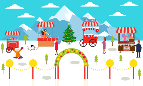 Winter city and christmas market banner illustration vector
