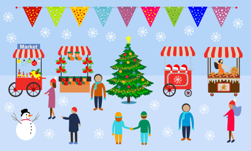 Winter city and christmas market banner illustration vector