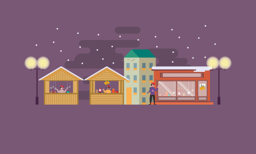 Winter city and christmas market banner illustration vector