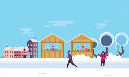 Winter city and christmas market banner illustration vector