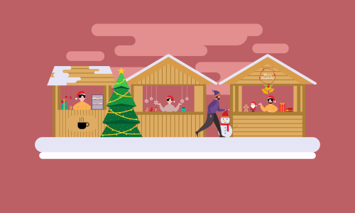 Winter city and christmas market banner illustration vector