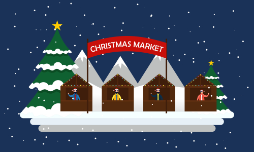 Winter city and christmas market banner illustration vector