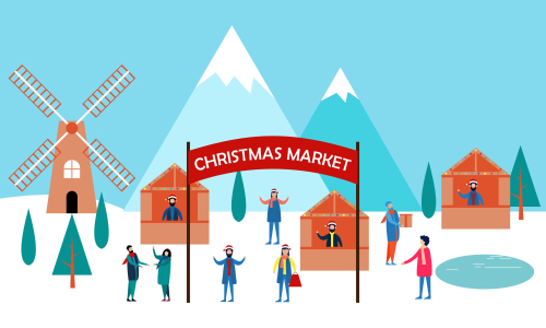 Winter city and christmas market banner illustration vector