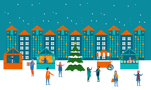Winter city and christmas market banner illustration vector