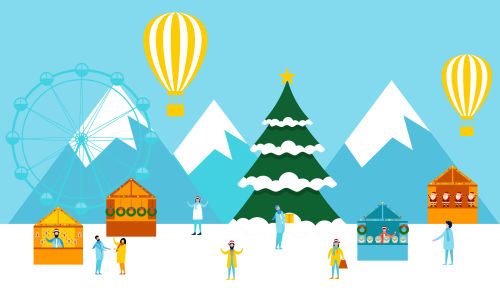 Winter city and christmas market banner illustration vector