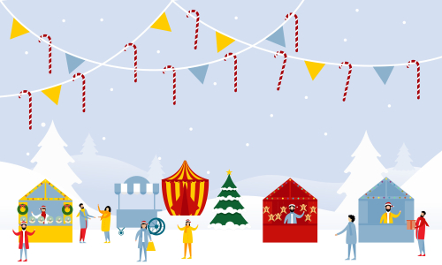 Winter city and christmas market banner illustration vector