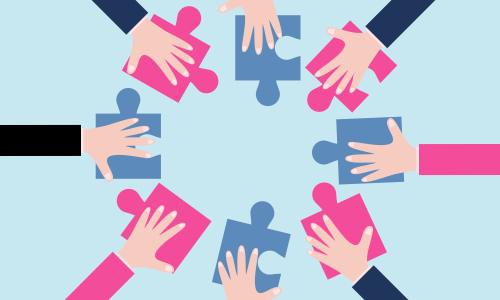 Business teamwork with pieces of puzzle in office. Connecting with puzzle elements vector illustration flat design style