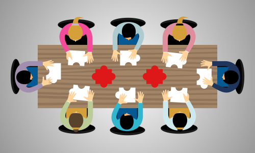 Business teamwork with pieces of puzzle in office. Connecting with puzzle elements vector illustration flat design style