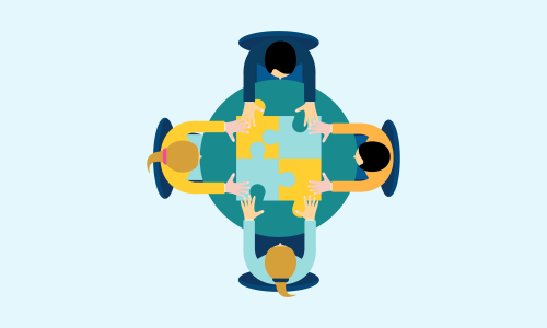 Business teamwork with pieces of puzzle in office. Connecting with puzzle elements vector illustration flat design style