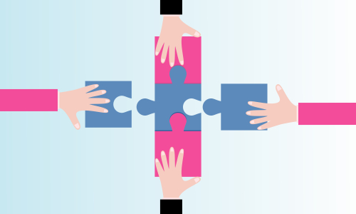 Business teamwork with pieces of puzzle in office. Connecting with puzzle elements vector illustration flat design style