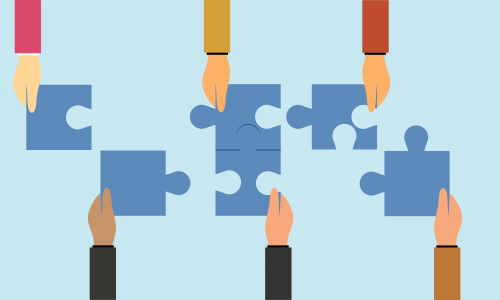 Business teamwork with pieces of puzzle in office. Connecting with puzzle elements vector illustration flat design style