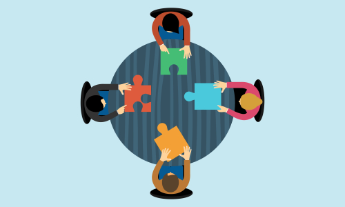 Business teamwork with pieces of puzzle in office. Connecting with puzzle elements vector illustration flat design style
