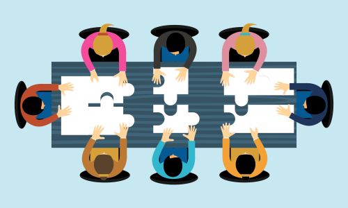 Business teamwork with pieces of puzzle in office. Connecting with puzzle elements vector illustration flat design style