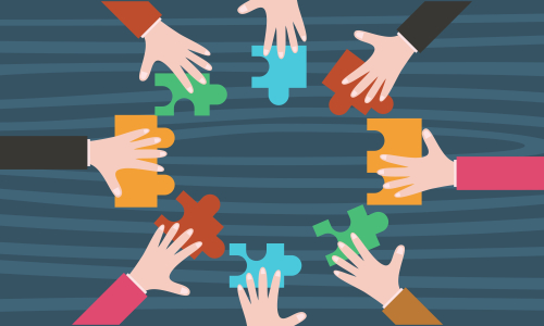 Business teamwork with pieces of puzzle in office. Connecting with puzzle elements vector illustration flat design style