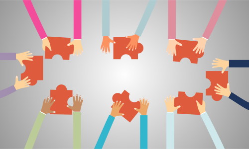 Business teamwork with pieces of puzzle in office. Connecting with puzzle elements vector illustration flat design style