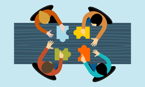 Business teamwork with pieces of puzzle in office. Connecting with puzzle elements vector illustration flat design style