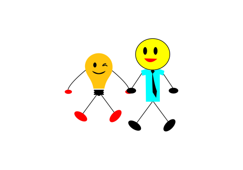 Stick figure having a creative idea with a light bulb. Vector illustration