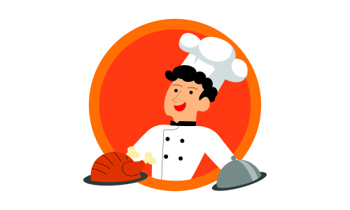 Chef character with a delicious dish and holding a blackboard as blank copy space text area vector illustration