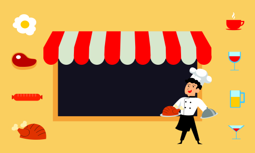 Chef character with a delicious dish and holding a blackboard as blank copy space text area vector illustration