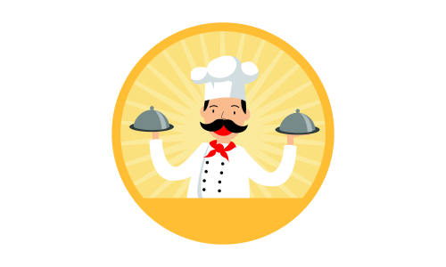 Chef character with a delicious dish and holding a blackboard as blank copy space text area vector illustration