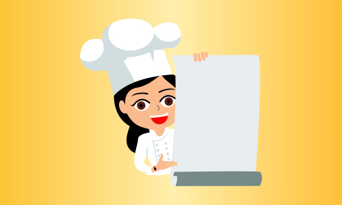 Chef character with a delicious dish and holding a blackboard as blank copy space text area vector illustration