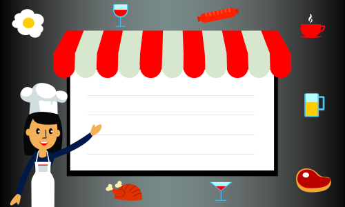 Chef character with a delicious dish and holding a blackboard as blank copy space text area vector illustration