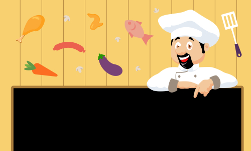 Chef character with a delicious dish and holding a blackboard as blank copy space text area vector illustration