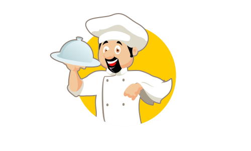 Chef character with a delicious dish and holding a blackboard as blank copy space text area vector illustration