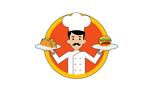 Chef character with a delicious dish and holding a blackboard as blank copy space text area vector illustration