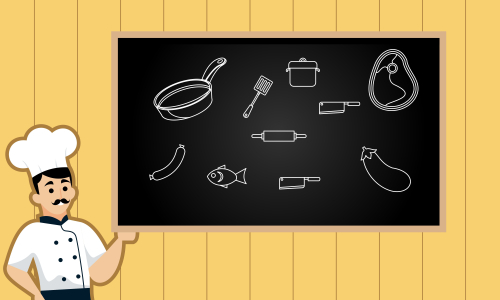 Chef character with a delicious dish and holding a blackboard as blank copy space text area vector illustration