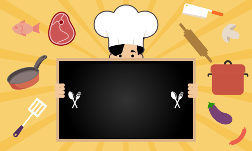 Chef character with a delicious dish and holding a blackboard as blank copy space text area vector illustration