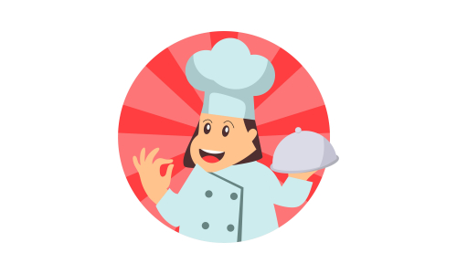 Chef character with a delicious dish and holding a blackboard as blank copy space text area vector illustration