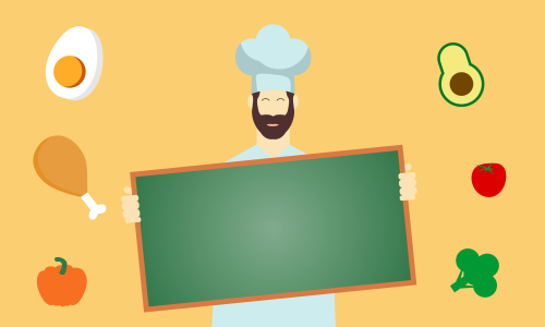 Chef character with a delicious dish and holding a blackboard as blank copy space text area vector illustration