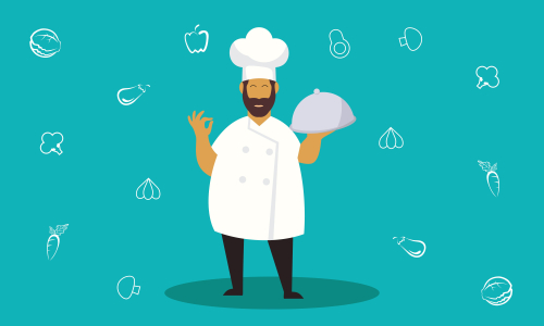 Chef character with a delicious dish and holding a blackboard as blank copy space text area vector illustration