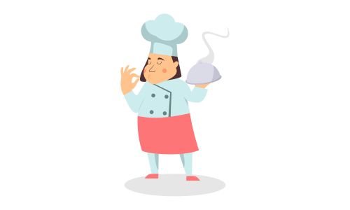 Chef character with a delicious dish and holding a blackboard as blank copy space text area vector illustration