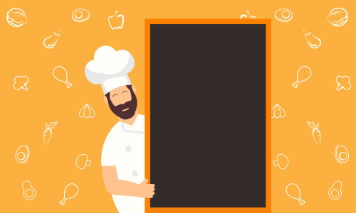 Chef character with a delicious dish and holding a blackboard as blank copy space text area vector illustration