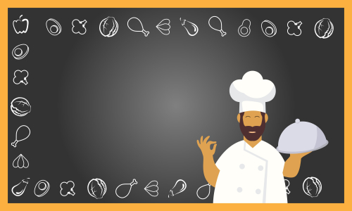 Chef character with a delicious dish and holding a blackboard as blank copy space text area vector illustration