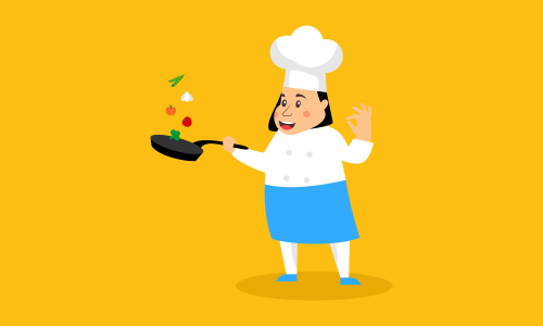 Chef character with a delicious dish and holding a blackboard as blank copy space text area vector illustration