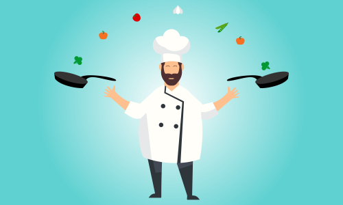 Chef character with a delicious dish and holding a blackboard as blank copy space text area vector illustration