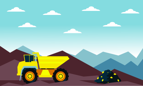 Mining industry flat composition with coal loading by excavator to truck on factory background vector illustration