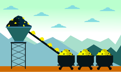 Mining industry flat composition with coal loading by excavator to truck on factory background vector illustration